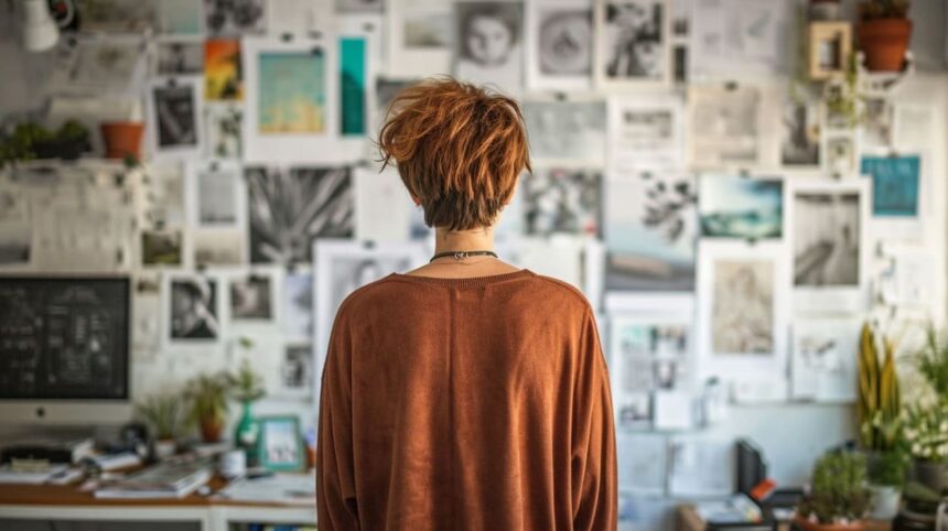 Woman in brown sweater looking at wall covered with artistic photos and sketches in a creative workspace.