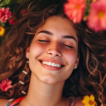 Happy young woman with freckles smiling surrounded by colorful flowers.