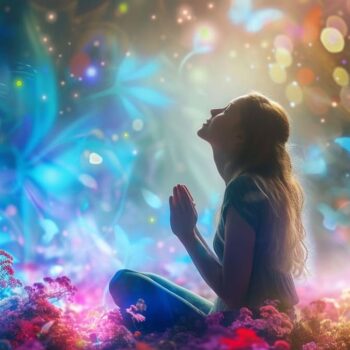 Woman practicing meditation in a mystical forest with vibrant flowers and magical light effects.