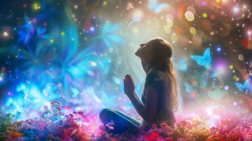 Woman practicing meditation in a mystical forest with vibrant flowers and magical light effects.