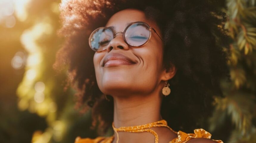 Happy African American woman with curly hair wearing glasses and smiling in sunlight