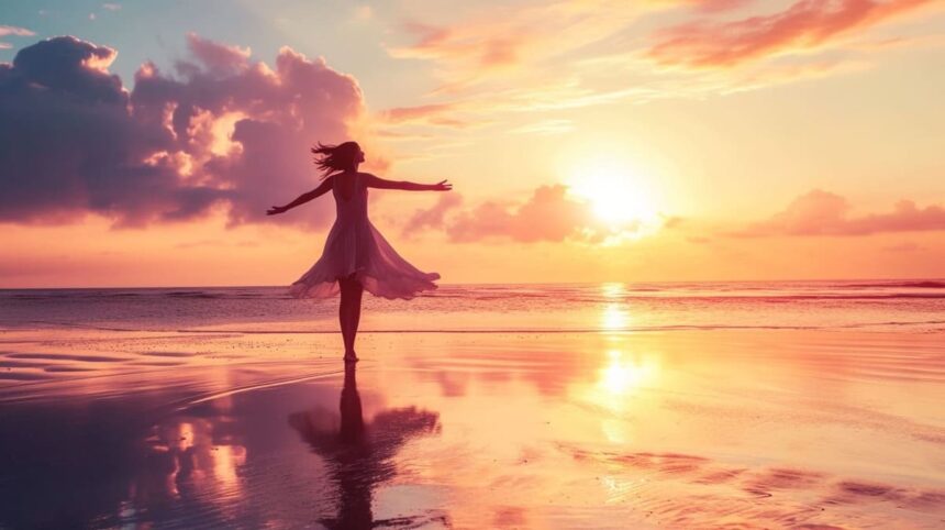 Woman dancing on the beach at sunset