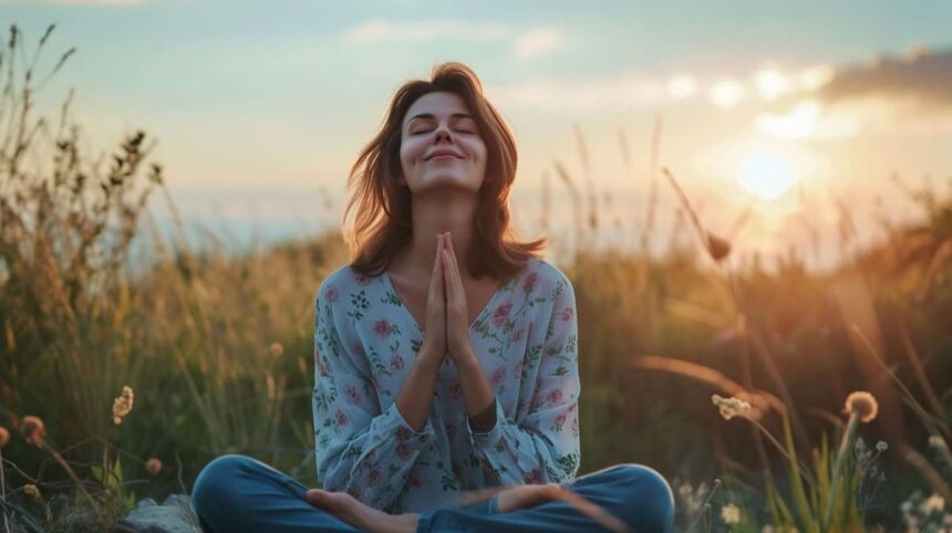 Woman practicing meditation in lotus position at sunset in grassy field