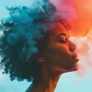Profile of woman with colorful smoke effect against blue sky background.