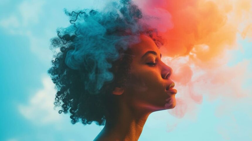 Profile of woman with colorful smoke effect against blue sky background.