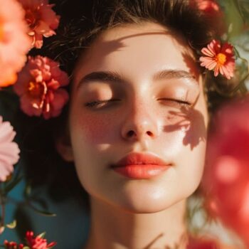 Woman with closed eyes enjoying the sun surrounded by colorful flowers.