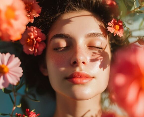 Woman with closed eyes enjoying the sun surrounded by colorful flowers.