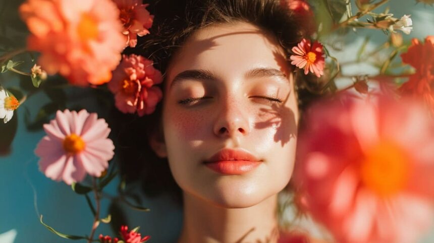 Woman with closed eyes enjoying the sun surrounded by colorful flowers.