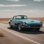 Vintage blue sports car on empty road with golden field and clear sky