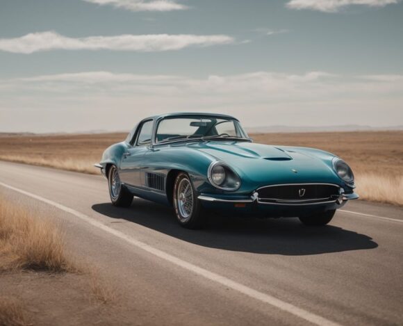 Vintage blue sports car on empty road with golden field and clear sky