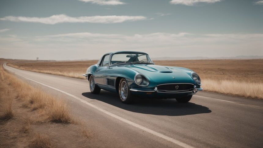 Vintage blue sports car on empty road with golden field and clear sky