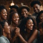 Group of joyful African American friends laughing together in a cozy cafe setting