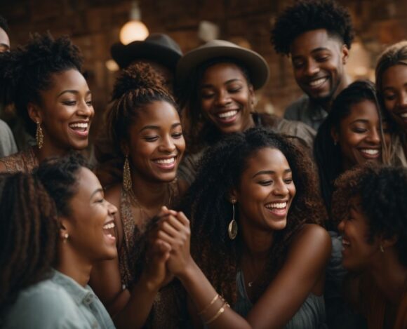 Group of joyful African American friends laughing together in a cozy cafe setting