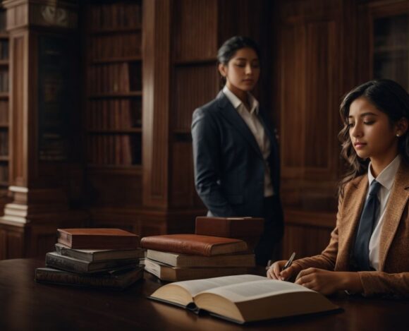 Two professional women in a law library, one writing notes and the other standing in thought.