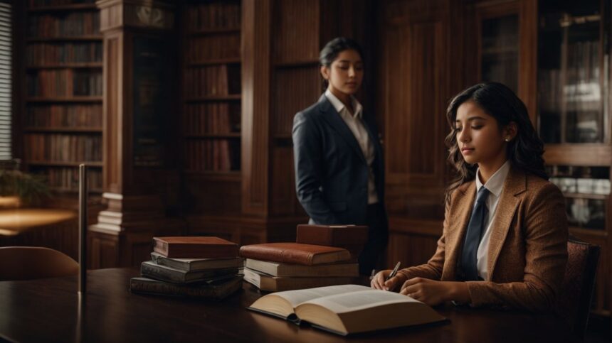 Two professional women in a law library, one writing notes and the other standing in thought.