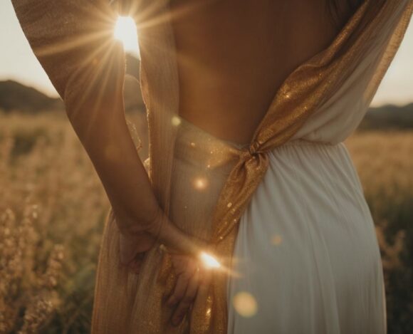 Woman in white dress with golden shawl standing in a field at sunset