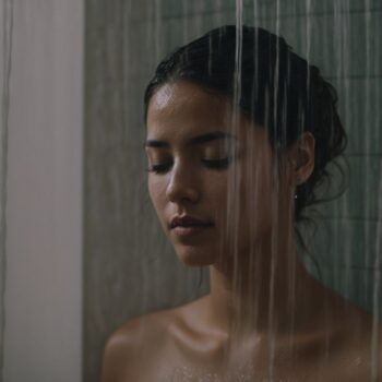 Woman relaxing in shower with eyes closed and water running down her face.