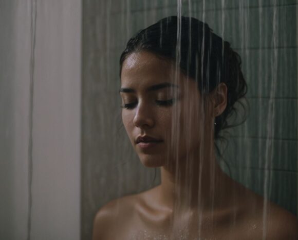 Woman relaxing in shower with eyes closed and water running down her face.