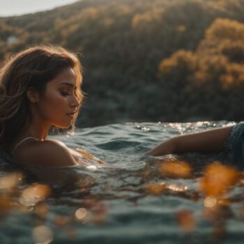 Woman relaxing in water at sunset with golden light and hillside in the background