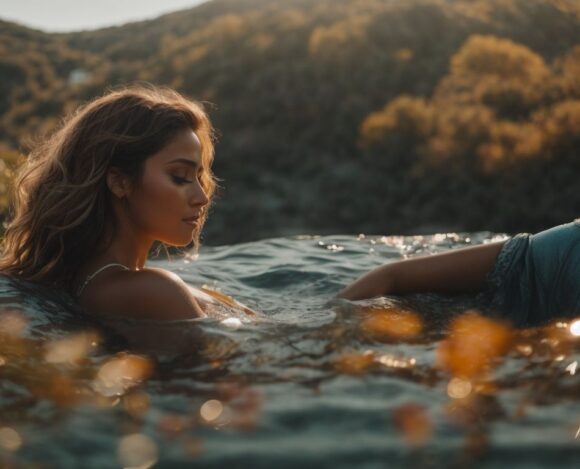 Woman relaxing in water at sunset with golden light and hillside in the background