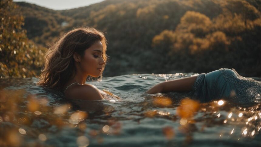 Woman relaxing in water at sunset with golden light and hillside in the background