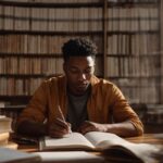 Focused young man studying surrounded by books in a library setting