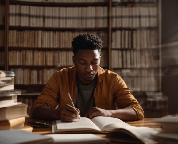 Focused young man studying surrounded by books in a library setting
