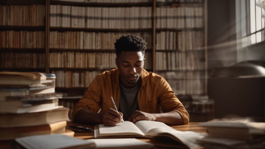 Focused young man studying surrounded by books in a library setting
