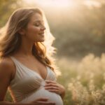 Pregnant woman smiling gently in golden hour light, standing amidst wildflowers