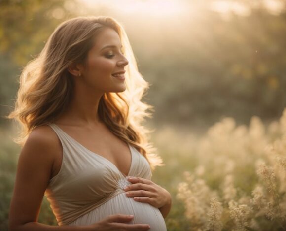 Pregnant woman smiling gently in golden hour light, standing amidst wildflowers