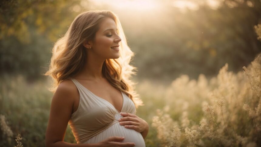 Pregnant woman smiling gently in golden hour light, standing amidst wildflowers