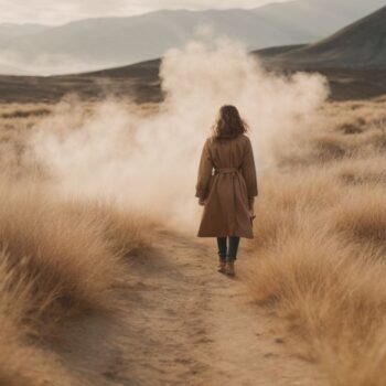 Woman walking through tall grass on a misty path with mountains in the background