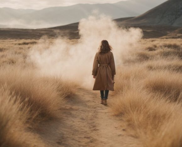 Woman walking through tall grass on a misty path with mountains in the background