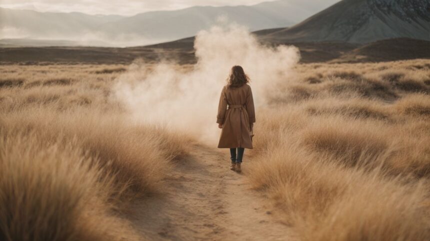 Woman walking through tall grass on a misty path with mountains in the background