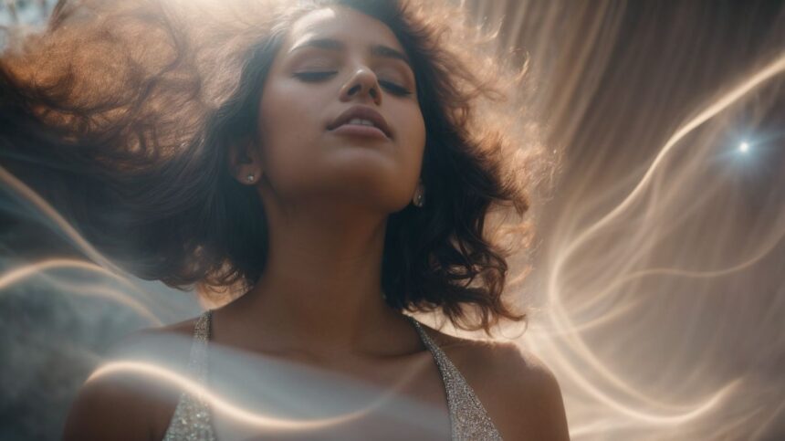 Woman with flowing hair in sunlight showing peaceful elegance and beauty