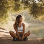 Woman meditating in serene nature setting with sunset light filtering through trees