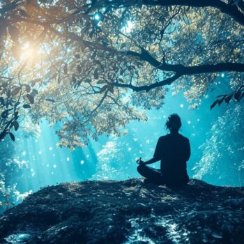 Person meditating in serene forest with sunlight streaming through trees