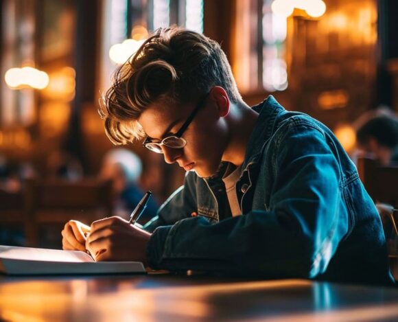 Young student studying and taking notes in historic library setting