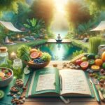 Peaceful meditation garden scene with fresh vegetables, fruits, yoga practice, and wellness journal.
