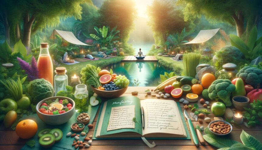 Peaceful meditation garden scene with fresh vegetables, fruits, yoga practice, and wellness journal.