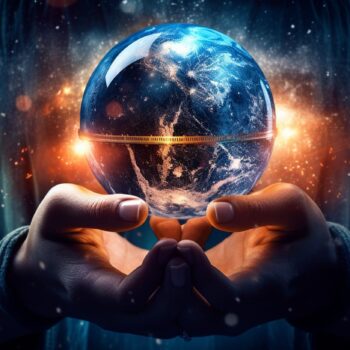 Hands holding a glowing Earth crystal ball against a starry cosmic background.