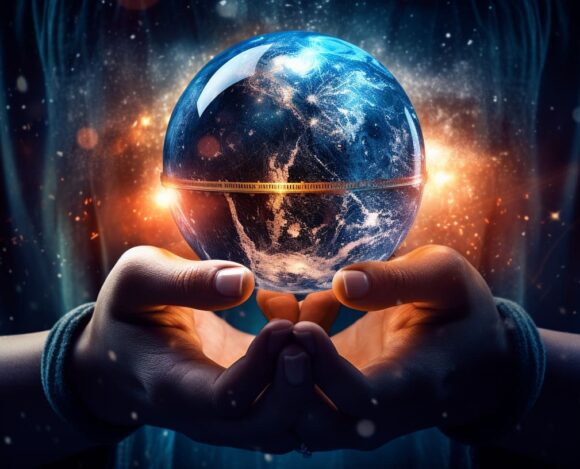 Hands holding a glowing Earth crystal ball against a starry cosmic background.