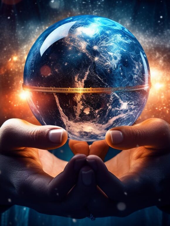 Hands holding a glowing Earth crystal ball against a starry cosmic background.