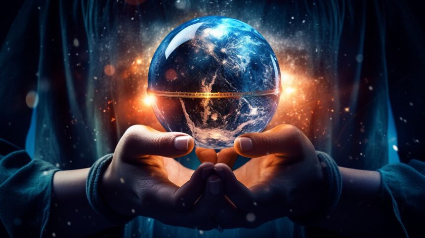 Hands holding a glowing Earth crystal ball against a starry cosmic background.