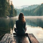 Woman meditating on a wooden dock by a serene lake surrounded by forest and mountains at sunrise.