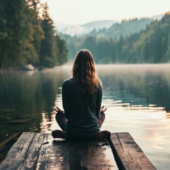 Woman meditating on a wooden dock by a serene lake surrounded by forest and mountains at sunrise.