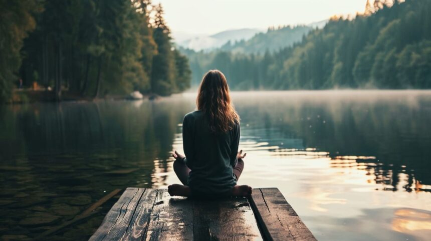 Woman meditating on a wooden dock by a serene lake surrounded by forest and mountains at sunrise.